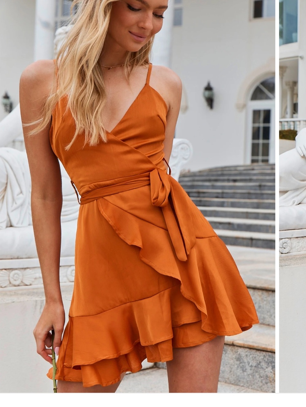 Hello Molly Women’s Wrap Ruffle Mini Dress in Burnt Orange